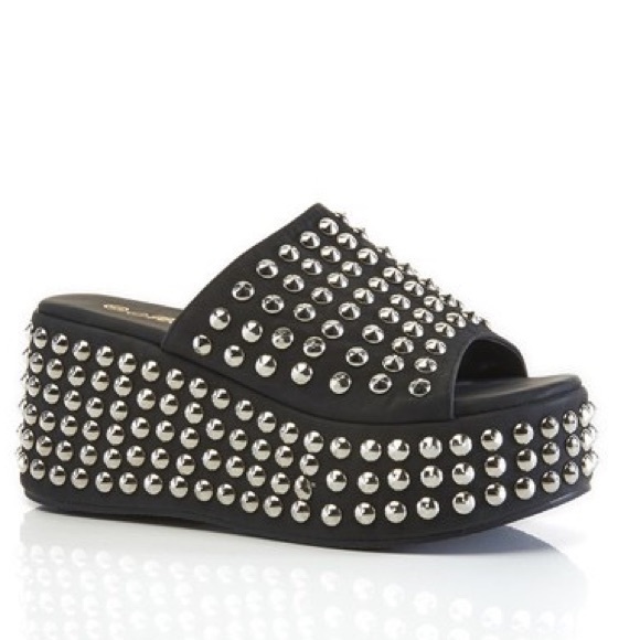 Black Suede Silver Stud Chunky Ultra Platform Wedge Mule Slide In Sandal Heels - Picture 6 of 7
